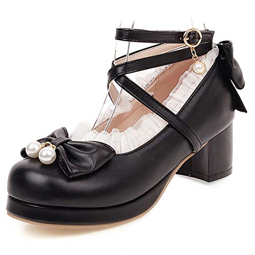 FOLOPOBO Damen Süss Lolita Schuhe mit Bogen Lolita Schuhe mit Spitze Blockabsatz Pumps Knöchelriemchen Cosplay Kleid Schuhe Uniform Plateau Black Mini Size 38 Asian von FOLOPOBO