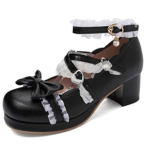 FOLOPOBO Damen Süss Lolita Schuhe mit Bogen Lolita Schuhe mit Spitze Blockabsatz Pumps Knöchelriemchen Cosplay Kleid Schuhe Uniform Plateau Black Mini Size 46 Asian von FOLOPOBO