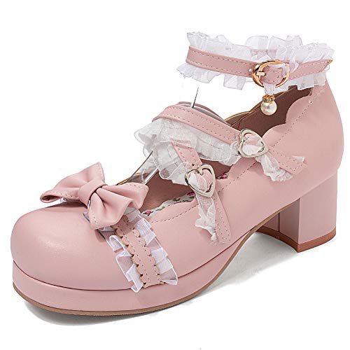 FOLOPOBO Damen Süss Lolita Schuhe mit Bogen Lolita Schuhe mit Spitze Blockabsatz Pumps Knöchelriemchen Cosplay Kleid Schuhe Uniform Plateau Pink Mini Size 38 Asian von FOLOPOBO