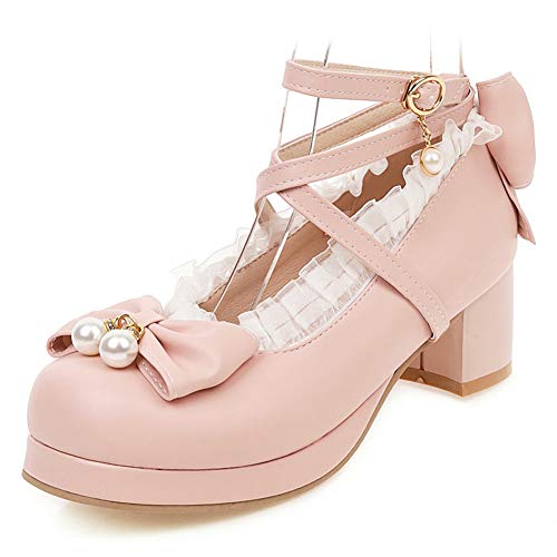 FOLOPOBO Damen Süss Lolita Schuhe mit Bogen Lolita Schuhe mit Spitze Blockabsatz Pumps Knöchelriemchen Cosplay Kleid Schuhe Uniform Plateau Pink Mini Size 39 Asian von FOLOPOBO