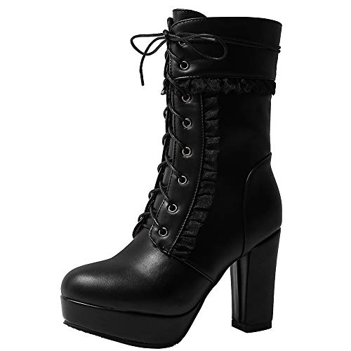 FOLOPOBO Damen Süß Mid Calf Stiefel Höhe Ferses Plateau Stiefel Schier Spitze Lolita Stiefel Black Size 48 Asiatisch von FOLOPOBO