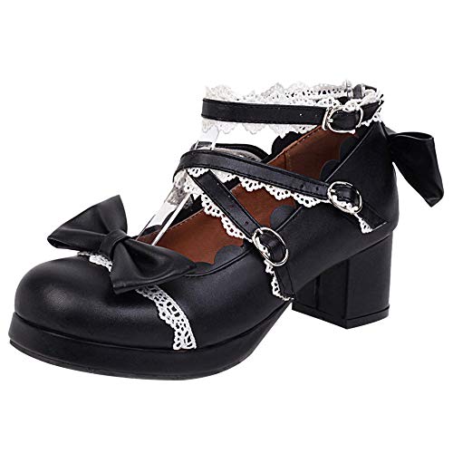 FOLOPOBO Damen Sweet Bogen Lolita Schuhe with Lace Blockabsatz Runde Zehen Pumps Knöchelriemchen Kleid Schuhe Black Gr 39 Asiatisch von FOLOPOBO