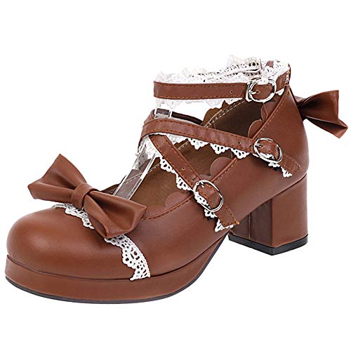 FOLOPOBO Damen Sweet Bogen Lolita Schuhe with Lace Blockabsatz Runde Zehen Pumps Knöchelriemchen Kleid Schuhe Brown Gr 44 Asiatisch von FOLOPOBO