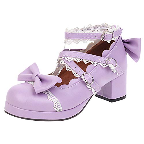 FOLOPOBO Damen Sweet Bogen Lolita Schuhe with Lace Blockabsatz Runde Zehen Pumps Knöchelriemchen Kleid Schuhe Purple Gr 40 Asiatisch von FOLOPOBO