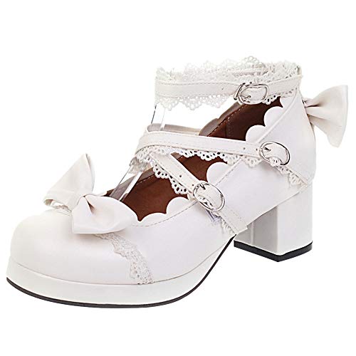 FOLOPOBO Damen Sweet Bogen Lolita Schuhe with Lace Blockabsatz Runde Zehen Pumps Knöchelriemchen Kleid Schuhe White Gr 38 Asiatisch von FOLOPOBO