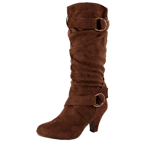 FOLOPOBO Klassische Damenstiefel Kitten Heels Ohne Verschluss Slouch Boots Schnallen Kniehohe Pleated Moccasin Stiefel Brown Gr 34 Asiatisch von FOLOPOBO