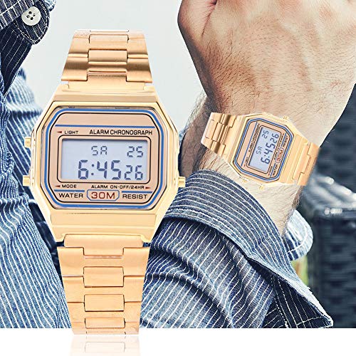 FOLOSAFENAR Elektronische Digitaluhr, Multifunktionale Goldfarbene LED Hintergrundbeleuchtung, Elektronische Armbanduhr aus Edelstahl, mit IC Chipsatz, Elektronische Uhr, für Geschäft und von FOLOSAFENAR