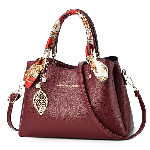 FOLOVEYA Damen Handtasche Elegant Umhängetasche Frauen Henkeltaschen mit Mode Blattanhänger Shopper Top-Griff Taschen Schultertasche PU Leder für Arbeiten Reisen Dating Tote Bag Rot A von FOLOVEYA