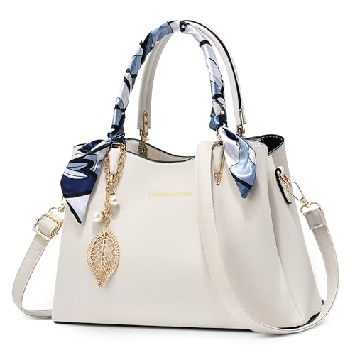 FOLOVEYA Damen Handtasche Elegant Umhängetasche Frauen Henkeltaschen mit Mode Blattanhänger Shopper Top-Griff Taschen Schultertasche PU Leder für Arbeiten Reisen Dating Tote Bag Weiß von FOLOVEYA