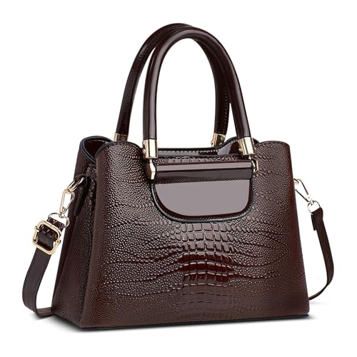 FOLOVEYA Damen Handtasche Mode Krokodilmuster Frauen Henkeltaschen Umhängetasche Elegant Tote Taschen Klein Shopper Schultertasche PU Leder für Arbeiten Reisen Dating mit Viele Taschen Kaffee von FOLOVEYA