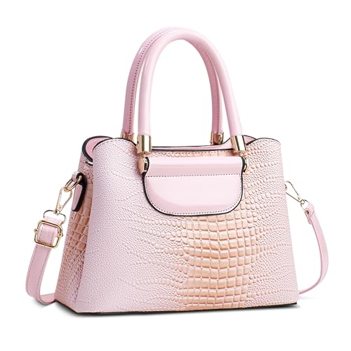 FOLOVEYA Damen Handtasche Klein Mode Krokodilmuster Frauen Henkeltaschen Elegant Top-Griff Taschen Umhängetasche Shopper Schultertasche PU Leder für Arbeiten Reisen Dating Rosa von FOLOVEYA