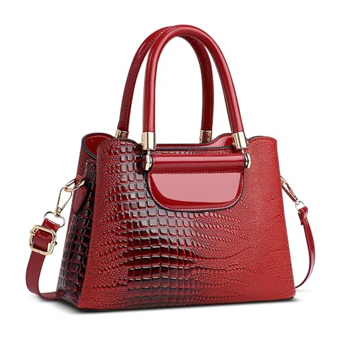 FOLOVEYA Damen Handtasche Klein Mode Krokodilmuster Frauen Henkeltaschen Elegant Top-Griff Taschen Umhängetasche Shopper Schultertasche PU Leder für Arbeiten Reisen Dating Rot von FOLOVEYA