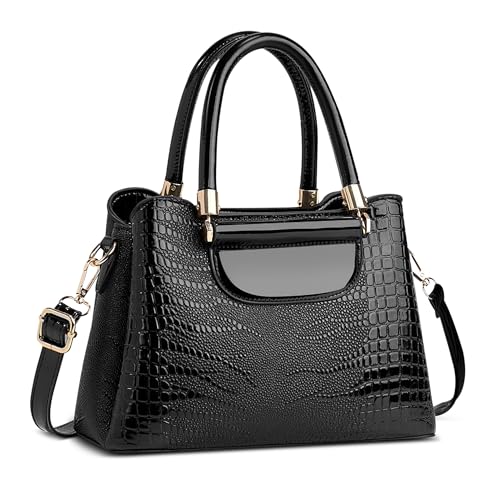 FOLOVEYA Damen Handtasche Klein Mode Krokodilmuster Frauen Henkeltaschen Elegant Top-Griff Taschen Umhängetasche Shopper Schultertasche PU Leder für Arbeiten Reisen Dating Schwarz von FOLOVEYA