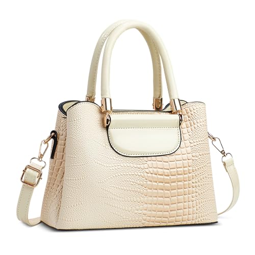 FOLOVEYA Damen Handtasche Klein Mode Krokodilmuster Frauen Henkeltaschen Elegant Top-Griff Taschen Umhängetasche Shopper Schultertasche PU Leder für Arbeiten Reisen Dating Weiß von FOLOVEYA