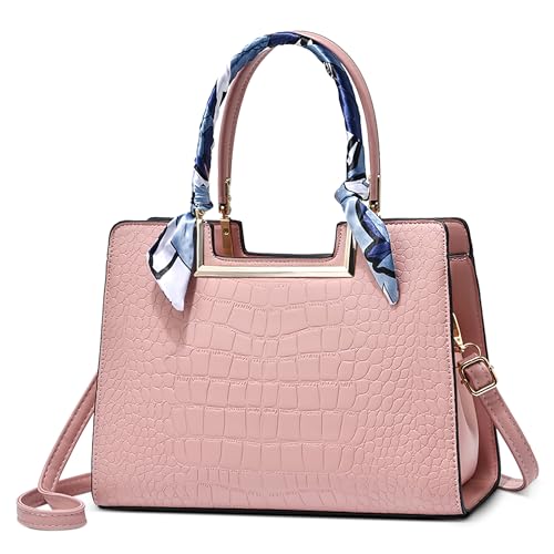 FOLOVEYA Damen Handtasche Mode Krokodilmuster Frauen Henkeltaschen Elegant Band Top-Griff Taschen Shopper Schultertasche Umhängetasche PU Leder für Arbeiten Reisen Dating Rosa von FOLOVEYA