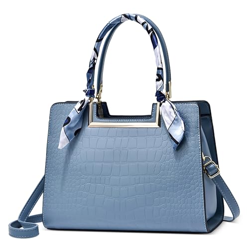 FOLOVEYA Damen Handtasche Mode Krokodilmuster Frauen Henkeltaschen Umhängetasche Elegant Band Tote Taschen Shopper Schultertasche PU Leder für Arbeiten Reisen Schule Dating Blau Hellblau von FOLOVEYA