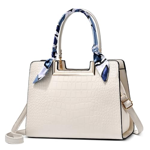 FOLOVEYA Damen Handtasche Mode Krokodilmuster Frauen Henkeltaschen Umhängetasche Elegant Band Tote Taschen Shopper Schultertasche PU Leder für Arbeiten Reisen Schule Dating Weiß von FOLOVEYA