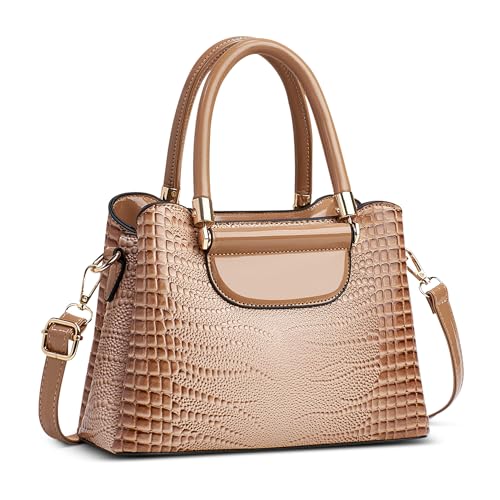 FOLOVEYA Damen Handtasche Mode Krokodilmuster Frauen Henkeltaschen Umhängetasche Elegant Tote Taschen Klein Shopper Schultertasche PU Leder für Arbeiten Reisen Dating mit Viele Taschen Khaki von FOLOVEYA