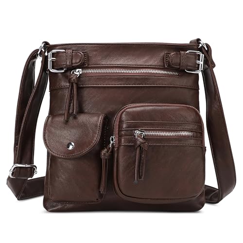 FOLOVEYA Damen Umhängetasche Leichte Mehrzwecktasche wasserdichte Tasche Mehrere Fächer Für Arbeit Schule Einkaufen Reisen Leder PU Kaffee von FOLOVEYA