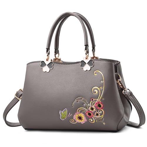 FOLOVEYA Handtasche Damen Elegant Blumen Umhängetaschen Henkeltaschen Frauen Top Griff Tasche PU Leder Tote Crossbody für Shopping Arbeiten Reisen Stickerei Schultertasche Grau Gelb von FOLOVEYA