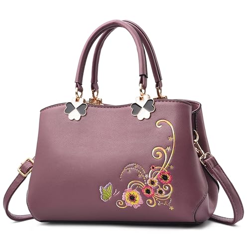 FOLOVEYA Handtasche Damen Elegant Blumen Umhängetaschen Henkeltaschen Frauen Top Griff Tasche PU Leder Tote Crossbody für Shopping Arbeiten Reisen Stickerei Schultertasche Lila Gelb von FOLOVEYA