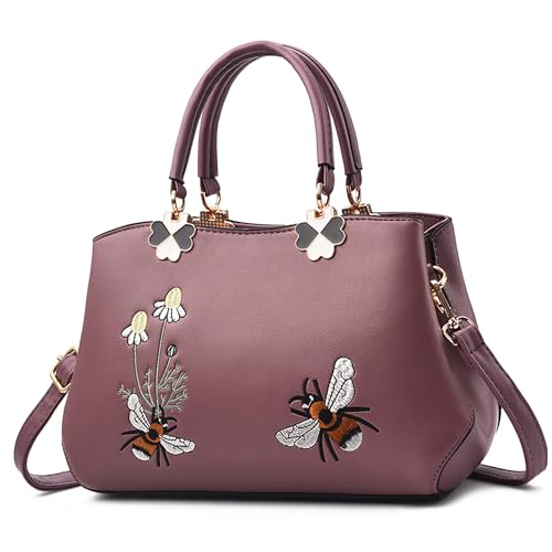 FOLOVEYA Handtasche Damen Elegant Blumen Umhängetaschen Henkeltaschen Frauen Top Griff Tasche PU Leder Tote Crossbody für Shopping Arbeiten Reisen Stickerei Schultertasche Lila von FOLOVEYA