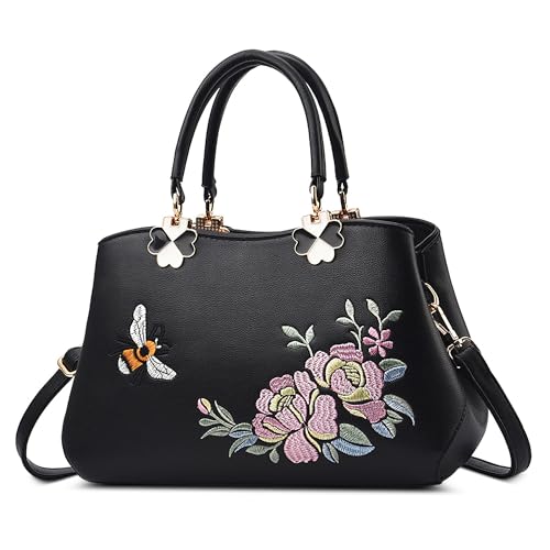 FOLOVEYA Handtasche Damen Elegant Blumen Umhängetaschen Henkeltaschen Frauen Top Griff Tasche PU Leder Tote Crossbody für Shopping Arbeiten Reisen Stickerei Schultertasche Schwarz Rosa von FOLOVEYA