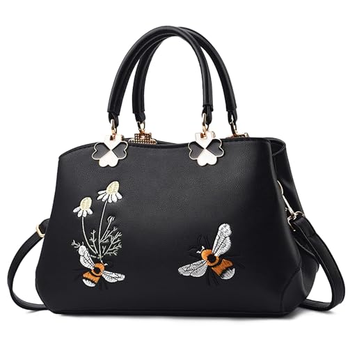FOLOVEYA Handtasche Damen Elegant Blumen Umhängetaschen Henkeltaschen Frauen Top Griff Tasche PU Leder Tote Crossbody für Shopping Arbeiten Reisen Stickerei Schultertasche Schwarz von FOLOVEYA