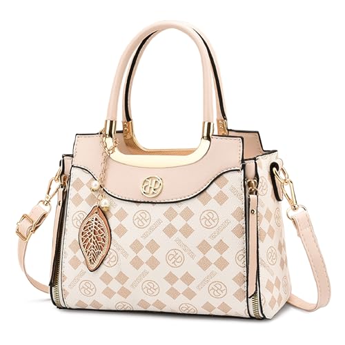 FOLOVEYA Handtasche Damen Elegant Henkeltaschen Schultertasche Leder PU Frauen Umhängetasche mit Retro Geometric Pattern Modische Taschen für Büro Arbeit Shopping Beige von FOLOVEYA
