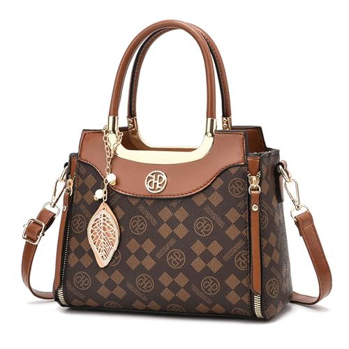 FOLOVEYA Handtasche Damen Elegant Henkeltaschen Schultertasche Leder PU Frauen Umhängetasche mit Retro Geometric Pattern Modische Taschen für Büro Arbeit Shopping Braun von FOLOVEYA