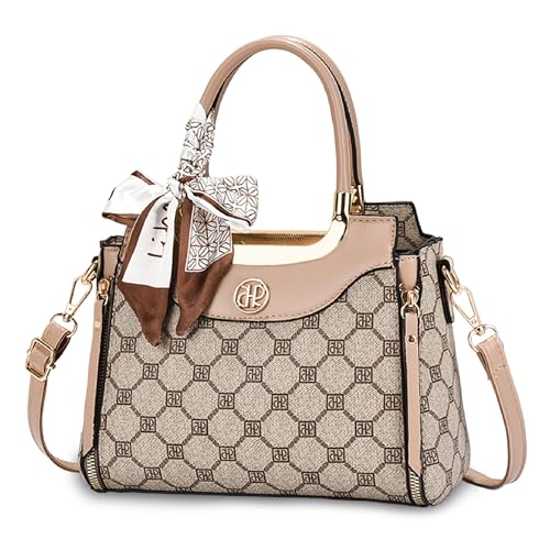 FOLOVEYA Handtasche Damen Elegant Henkeltaschen Schultertasche Leder PU Frauen Umhängetasche mit Retro Geometric Pattern Modische Taschen für Büro Arbeit Shopping Khaki von FOLOVEYA