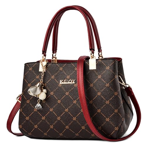 FOLOVEYA Handtasche Damen Elegante mit Ahornblattmuster Leder PU Henkeltasche Schultertasche Damenhandtaschen mit Anhänger Frauen Umhängetasche für die Arbeit Reisen Rot A von FOLOVEYA