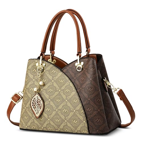 FOLOVEYA Handtasche Damen Mittelgroß PU Leder Vintage Print Umhängetasche mit Modischer Anhänger Schultertasche Henkeltasche für die Party Arbeit Reisen Hochzeit (Grün & Kaffee) von FOLOVEYA