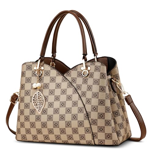 FOLOVEYA Handtasche Damen Mittelgroß PU Leder Vintage Print Umhängetasche mit Modischer Anhänger Schultertasche Henkeltasche für die Party Arbeit Reisen Hochzeit (Hellbeige A) von FOLOVEYA