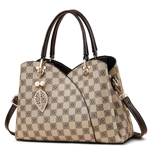 FOLOVEYA Handtasche Damen Mittelgroß PU Leder Vintage Print Umhängetasche mit Modischer Anhänger Schultertasche Henkeltasche für die Party Arbeit Reisen Hochzeit (Hellbeige B) von FOLOVEYA