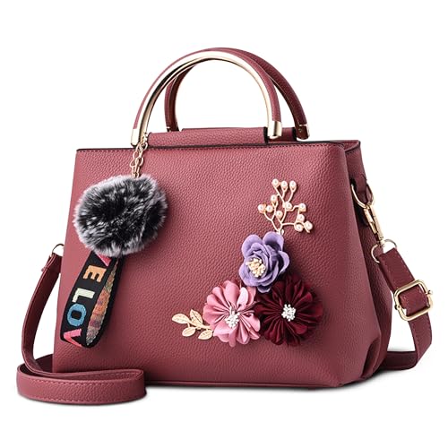FOLOVEYA Handtasche Damen Umhängetaschen Klein Elegant Blume Frauen Crossbody Top Griff Tasche mit Pompom Anhänger Henkeltaschen PU Leder Schultertasche für Shopping Arbeiten Reisen Lila von FOLOVEYA