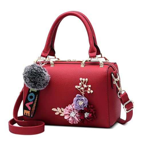 FOLOVEYA Handtasche Damen Umhängetaschen Klein Elegant Blume Frauen Crossbody Top Griff Tasche mit Pompom Anhänger Henkeltaschen PU Leder Schultertasche für Shopping Arbeiten Reisen Rot von FOLOVEYA