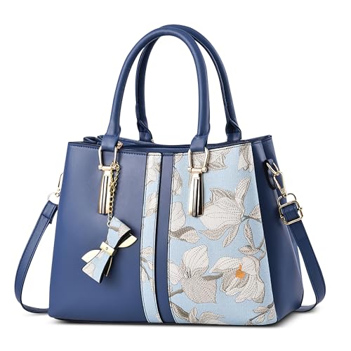 FOLOVEYA Mode Damen Handtasche Elegant Henkeltaschen Frauen Umhängetasche Shopper Top-Griff Taschen mit Schleifenanhänger Schultertasche für Arbeiten Reisen Schule PU Leder Tote Bag Blau von FOLOVEYA