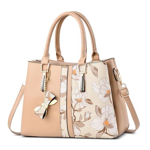 FOLOVEYA Mode Damen Handtasche Elegant Henkeltaschen Frauen Umhängetasche Shopper Top-Griff Taschen mit Schleifenanhänger Schultertasche für Arbeiten Reisen Schule PU Leder Tote Bag Khaki von FOLOVEYA