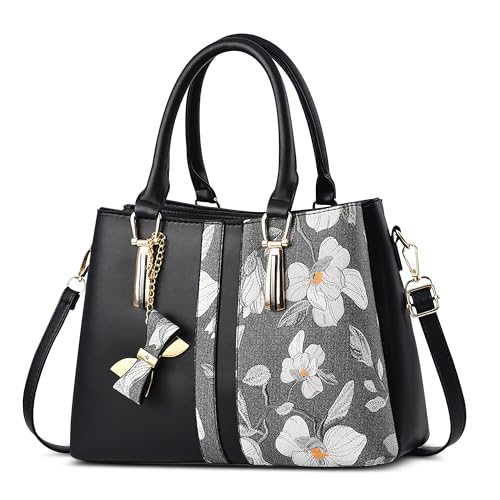 FOLOVEYA Mode Damen Handtasche Elegant Henkeltaschen Frauen Umhängetasche Shopper Top-Griff Taschen mit Schleifenanhänger Schultertasche für Arbeiten Reisen Schule PU Leder Tote Bag Schwarz von FOLOVEYA