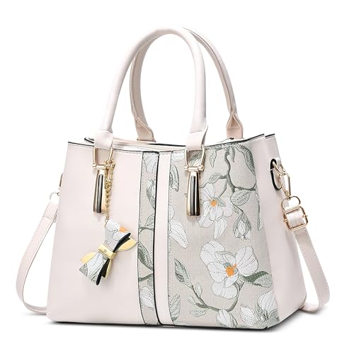 FOLOVEYA Mode Damen Handtasche Elegant Henkeltaschen Frauen Umhängetasche Shopper Top-Griff Taschen mit Schleifenanhänger Schultertasche für Arbeiten Reisen Schule PU Leder Tote Bag Weiß von FOLOVEYA