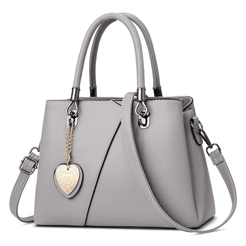 FOLOVEYA Mode Damen Handtasche Elegant Henkeltaschen Frauen mit Herzanhänger PU Leder Umhängetasche Shopper Top-Griff Taschen Schultertasche für Arbeiten Reisen Schule Tote Bag Grau A von FOLOVEYA