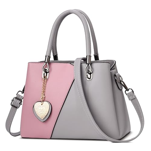 FOLOVEYA Mode Damen Handtasche Elegant Henkeltaschen Frauen mit Herzanhänger PU Leder Umhängetasche Shopper Top-Griff Taschen Schultertasche für Arbeiten Reisen Schule Tote Bag Grau Rosa A von FOLOVEYA