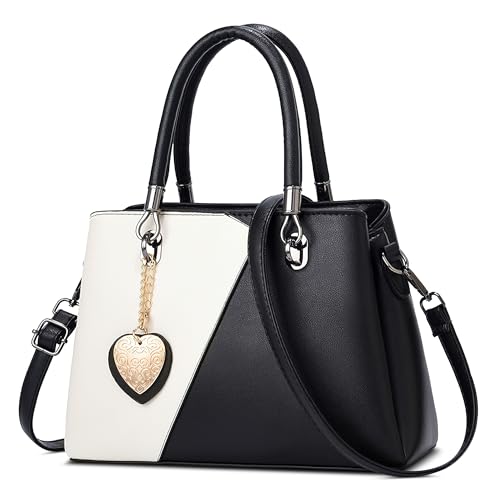 FOLOVEYA Mode Damen Handtasche Elegant Henkeltaschen Frauen mit Herzanhänger PU Leder Umhängetasche Shopper Top-Griff Taschen Schultertasche für Arbeiten Reisen Schule Tote Bag Schwarz-Weiss von FOLOVEYA