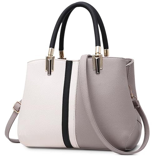 FOLOVEYA Mode Damen Handtasche Elegant Spleißen Henkeltaschen Designer Top-Griff Taschen Frauen PU Leder Umhängetasche Shopper Schultertasche für Arbeiten Reisen Schule Grau von FOLOVEYA