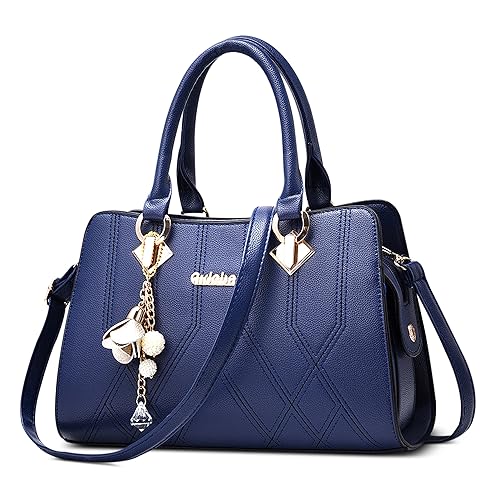 FOLOVEYA Mode Damen Handtasche Frauen Umhängetasche mit Blumen-Perlen-Anhänger Henkeltaschen Elegant Top-Griff Taschen PU Leder Shopper Schultertasche für Arbeiten Reisen Dating Blau von FOLOVEYA