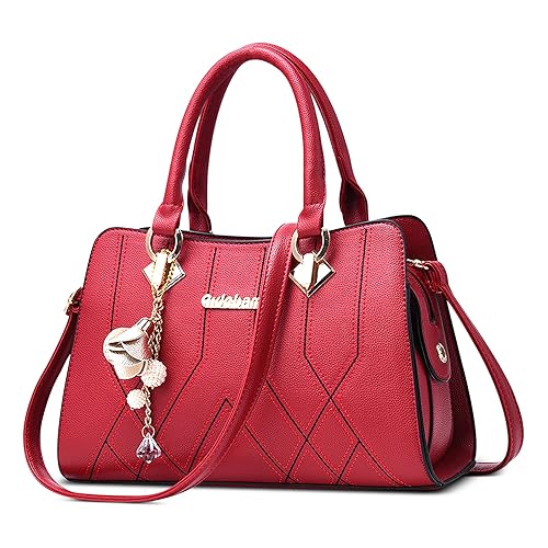 FOLOVEYA Mode Damen Handtasche Frauen Umhängetasche mit Blumen-Perlen-Anhänger Henkeltaschen Elegant Top-Griff Taschen PU Leder Shopper Schultertasche für Arbeiten Reisen Dating Rot von FOLOVEYA