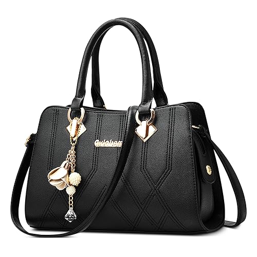 FOLOVEYA Mode Damen Handtasche Frauen Umhängetasche mit Blumen-Perlen-Anhänger Henkeltaschen Elegant Top-Griff Taschen PU Leder Shopper Schultertasche für Arbeiten Reisen Dating Schwarz von FOLOVEYA