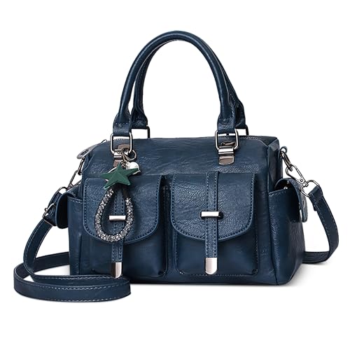 FOLOVEYA Handtasche Damen Mittelgroß Leder PU Retro Henkeltaschen Umhängetasche mit Elegant Anhänger Frauen Taschen Schultertasche für Arbeiten Reisen Dating Blau von FOLOVEYA