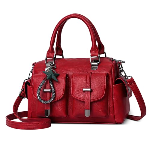 FOLOVEYA Handtasche Damen Mittelgroß Leder PU Retro Henkeltaschen Umhängetasche mit Elegant Anhänger Frauen Taschen Schultertasche für Arbeiten Reisen Dating Rot von FOLOVEYA